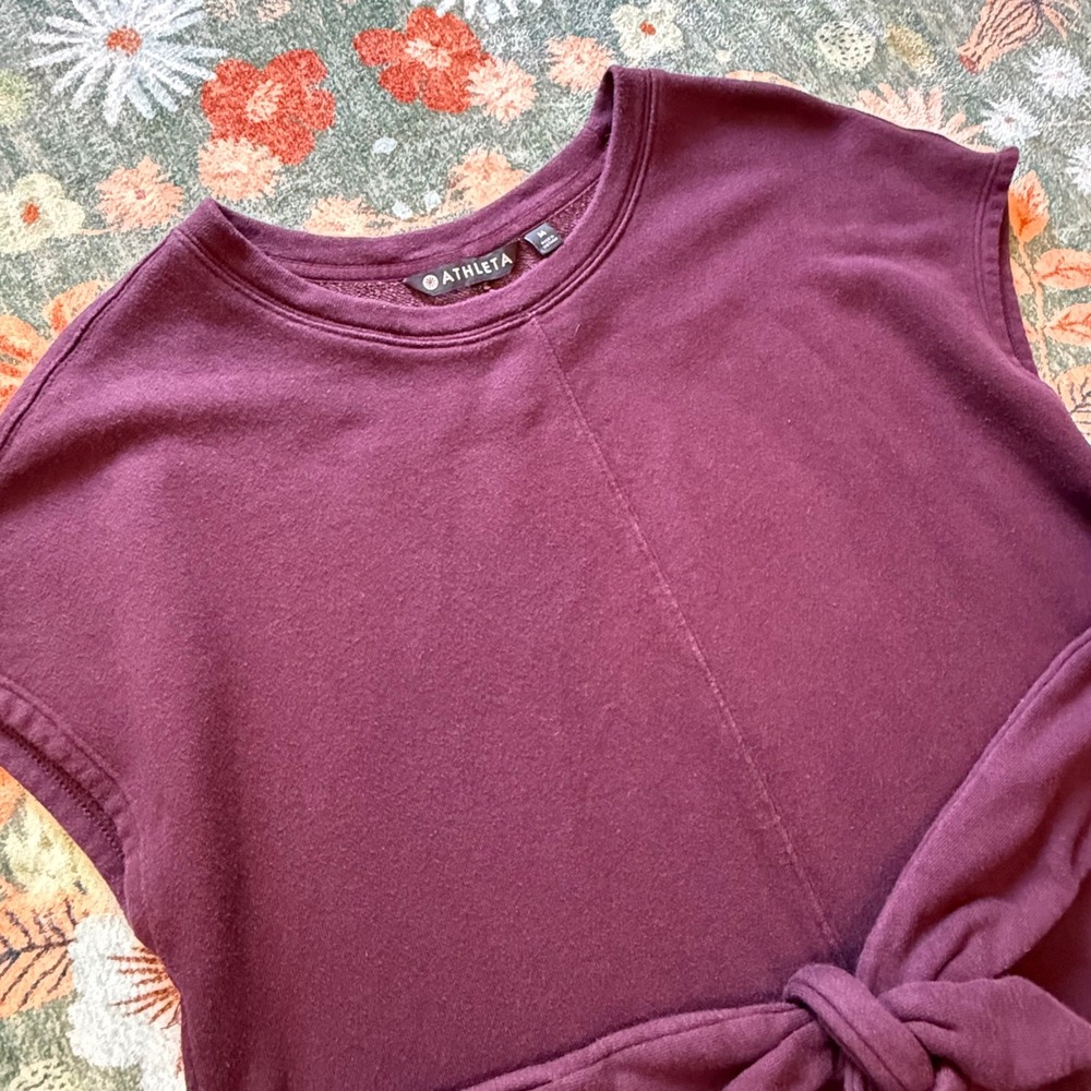 Athleta‎ Coaster Tie Dress Plum Purple French Terry Mini Cap Sleeve Pockets M